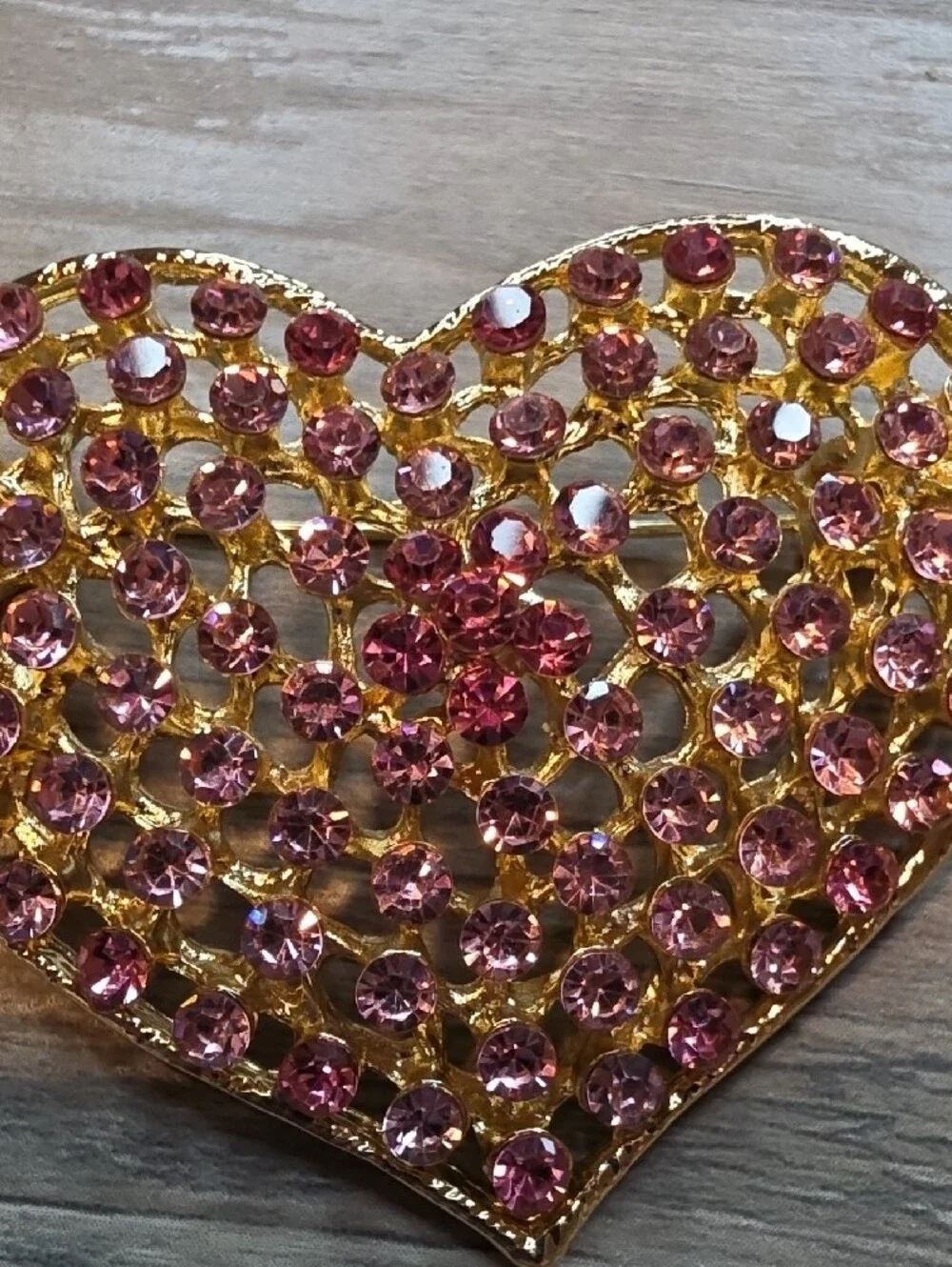 Gold Heart Brooch with Pink Crystals